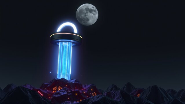 Futuristic tower glows brightly against dark sky. Mountains surround base, illuminated by neon light. Moon hangs above structure.