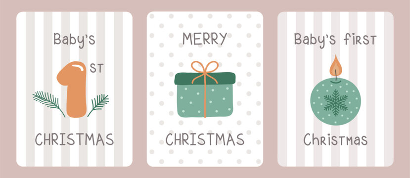 cute babys first christmas card set with gift and candle vector illustration