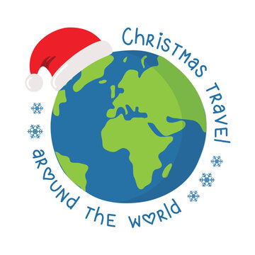 christmas travel around the world globe with santa hat vector illustration