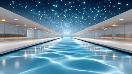 Fototapeta premium Glowing blue floor with starry ceiling in long corridor, futuristic architecture concept