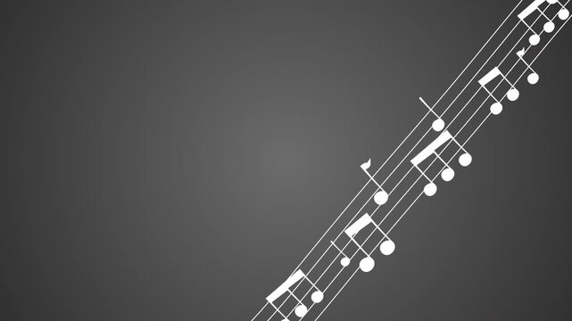 Animated music staff with bouncing musical notes flowing along a curved sheet music, seamless loop background
