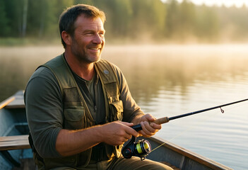 Fototapeta premium Retirement lifestyle and leisure, mature man fishing on a calm lake at sunrise for mental health and wellness in nature with a peaceful outdoor hobby