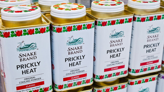 Snake Brand Prickly Heat original classic cooling powder metal tin containers on September 30, 2026 in Bangkok, Thailand.
