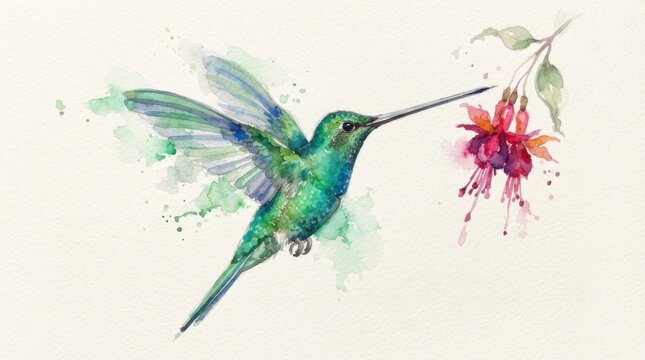 Sword-billed Hummingbird hovering with its exceptionally long bill and emerald body, isolated on white paper, pure watercolor