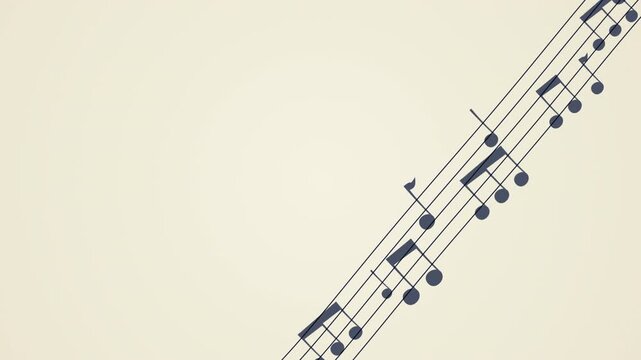 Animated music staff with bouncing musical notes flowing along a curved sheet music, seamless loop background