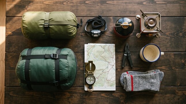 Flat Lay of Hiking and Camping Gear on Dark Wooden Table 