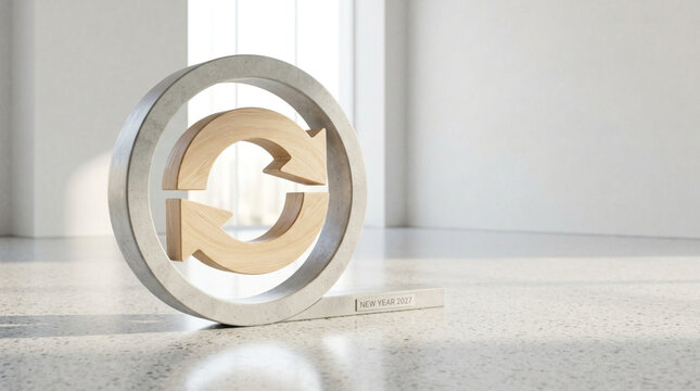 Circular recycled material symbol made of wood and concrete with recycling