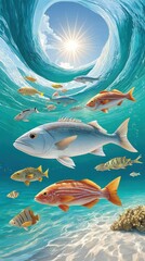 Fototapeta premium Sunlit ocean wave tunnel with silver and orange striped fish swimming over sandy seabed, coral reef edge visible, underwater marine life scene