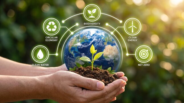 Sustainability and Net Zero Concept with Earth, Seedling and Circular Economy Icons Held in Human Hands