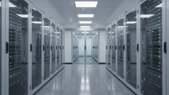 Modern technology hardware operating inside server room datacenter corridor, showing racks with blinking green indicator lights and digital networking infrastructure for cloud storage systems.