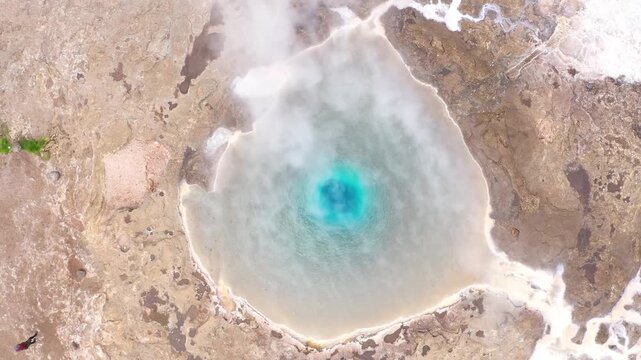Slow motion aerial view of Great Geyser, geysir in the Golden Circle, Iceland 