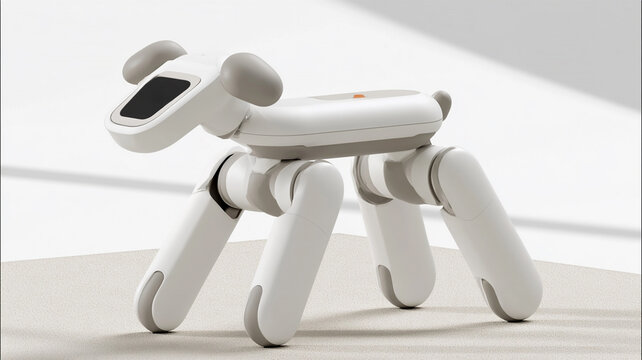 Futuristic white robot dog with four articulated legs and digital face, autonomous robotic pet and artificial intelligence technology concept