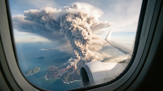 Volcanic eruption viewed from airplane window with ash column