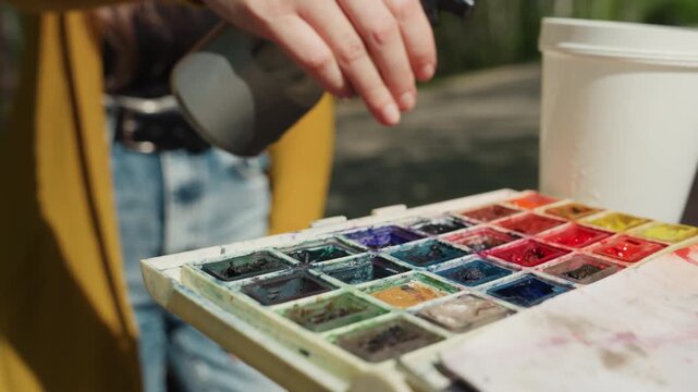 Watercolor palette with vibrant paint colors. person in yellow top and jeans prepares to use spray bottle indicating ongoing painting activity outdoors