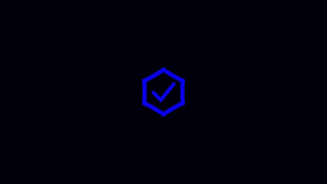 Red hexagon icon with checkmark on black background, approved and verified concept