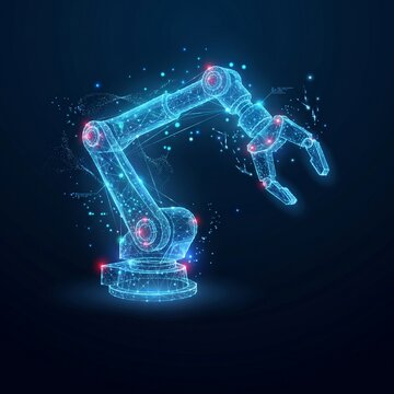 Glowing blue wireframe robot arm on dark background for futuristic automation and robotics technology concept