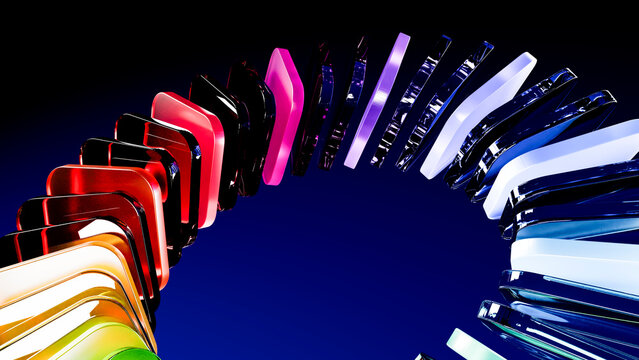 Colorful acrylic shapes arranged in a curved arch digital illustration