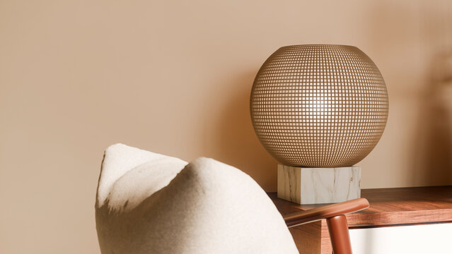 Modern decorative table lamp with woven round shade on wooden table
