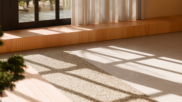Sunlight casting window shadows on carpet and tile floor in interior