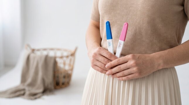 Woman Holding Two Pregnancy Tests One Blue One Pink Anticipation Waiting For Baby Conception Health Womanhood Medical Check