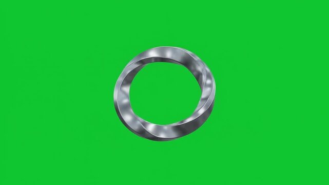 Rotating metallic mobius strip loop, 3 d abstract silver ring on green screen background, infinity