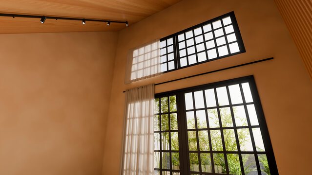 Windows with sheer curtains and indoor plants in modern interior