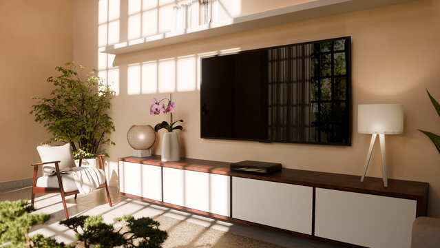 Modern living room with mounted tv and decorative indoor plants