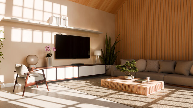 Modern living room with wood panel wall and bonsai on coffee table