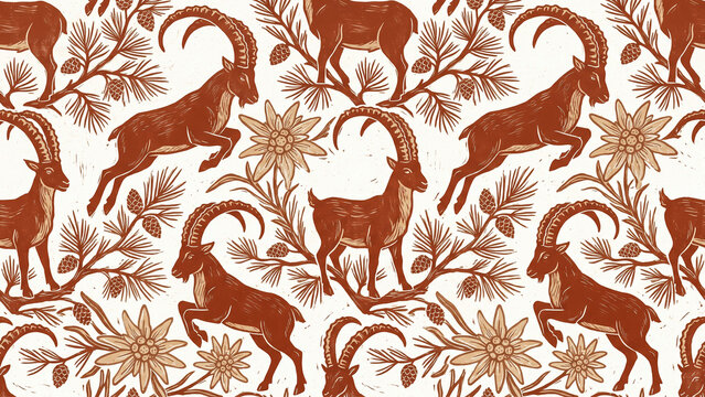 Seamless pattern with ibex mountain goats, pine branches, pinecones, and edelweiss flowers in rust orange on cream background.