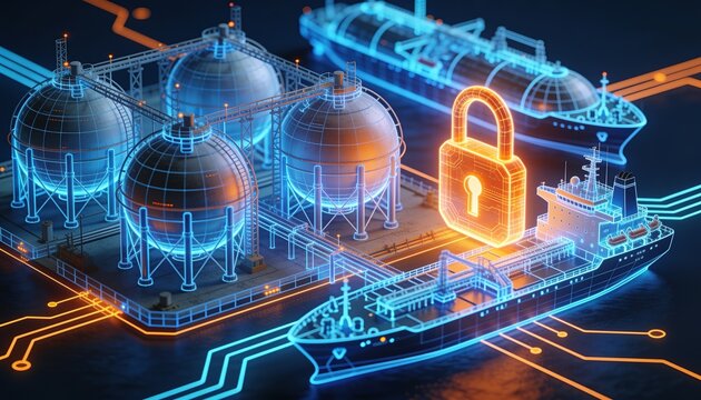 Isometric LNG export port with cyber orange lock shield, holographic blue wireframe storage spheres and tanker vessel on dark navy, energy logistics data security technology illustration