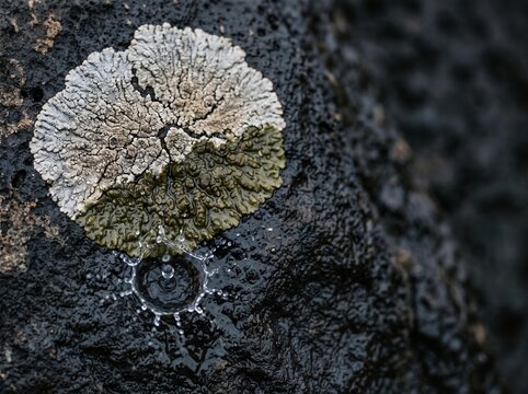 Close up of lichen growing on a wet black volcanic rock
