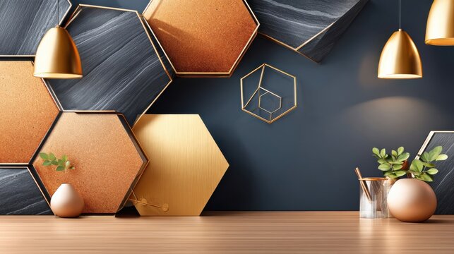 Gold pendant lights above wooden surface with hexagonal wall panels in black slate and copper tones, modern interior design concept
