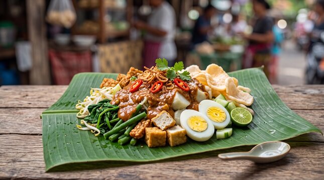 Traditional Indonesian gado gado salad dish featuring fresh steamed vegetables with savory peanut sauce served on a natural banana leaf for an authentic culinary experience at a local street