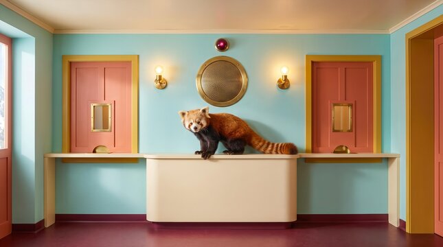 Red panda standing on a white counter in a vintage room
