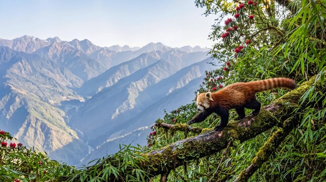 Red panda walking along a mossy tree branch in the mountains