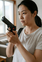 Fototapeta premium Self defense and personal safety, woman holding a handgun for home protection and security in a residential indoor setting with a serious expression