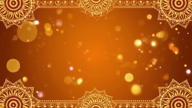Golden bokeh particles drift with ornate mandala borders during festive celebration background