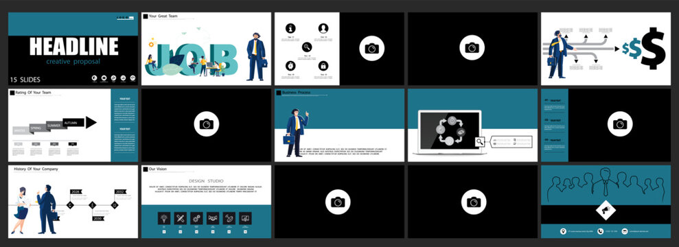 Business presentation template, blue design on white background. Banker, photo, set Businessman analyzes financial income from information job, infographics Use in advertising. Vector illustration
