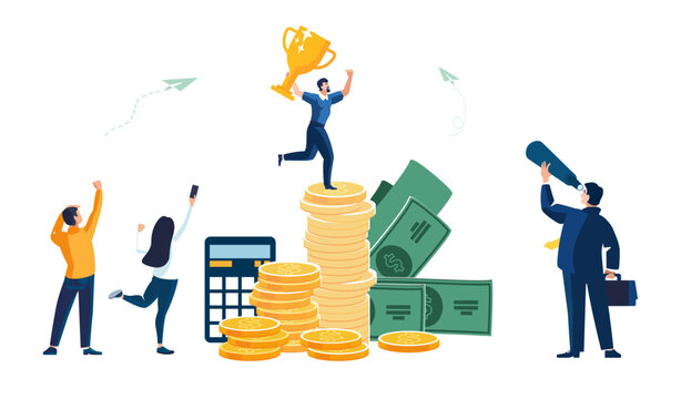 Business presentation. People, wealth accumulation, gold coins, financial growth, Golden cup, finish. Workers, businessmen discuss finances, contract, development, calculations. Vector illustrations
