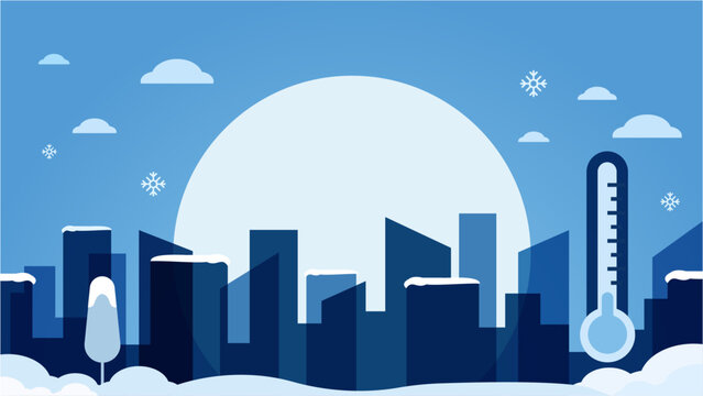 Urban Skyline Winter. Cold Snowy City Buildings and Freezing Temperatures. Vector Illustration