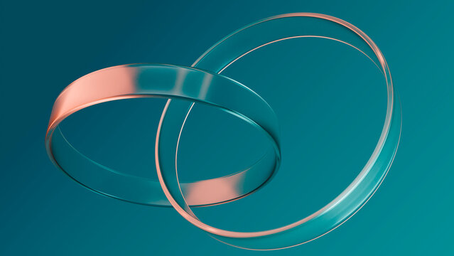 Interlocked transparent rings floating on teal background digital
