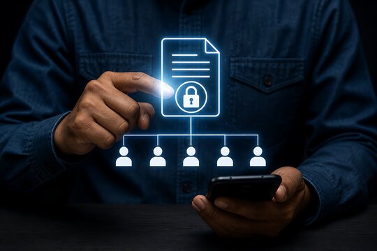 Person using a smartphone to manage secure digital document access and file permissions