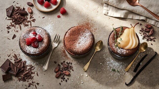 A festive trio of rich gourmet desserts displayed for national chocolate souffle day on a textured stone background
