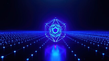 Fototapeta premium Glowing blue geometric structure dominates dark space. Lines converge toward central point, creating tunnel effect. Digital art.