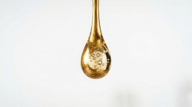 Golden Serum Droplet Falling with Internal Bubbles Isolated on White Background - Macro Scientific