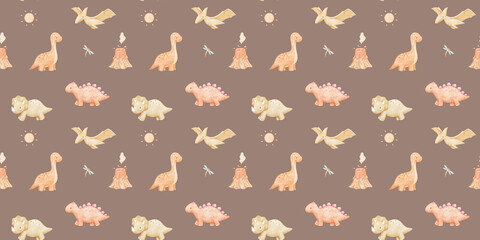 Seamless pattern with cute baby dinosaurs on brown background. Watercolour repeating nursery backdrop for kids. © Elena