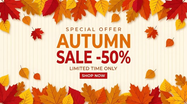 Vibrant autumn sale promotion banner featuring colorful falling maple leaves on a light textured paper background