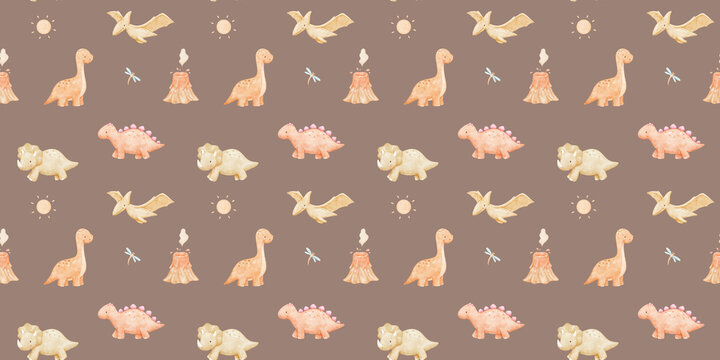 Seamless pattern with cute baby dinosaurs on brown background. Watercolour repeating nursery backdrop for kids.