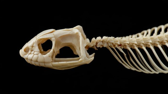 High-angle macro close-up of snake skull and spine articulated skeleton isolated against solid black background, revealing reptile anatomy, bones, vertebrate structure and natural science concept