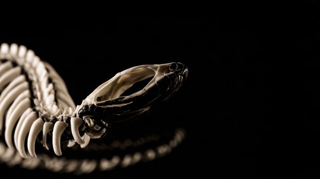 High-angle macro close-up of snake skull and spine articulated skeleton isolated against solid black background, revealing reptile anatomy, bones, vertebrate structure and natural science concept
